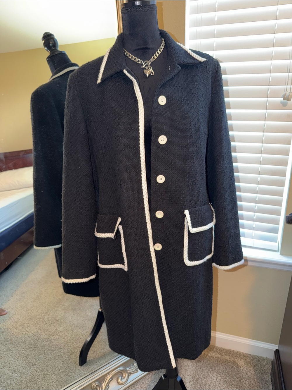 INC Vintage Inspired Black Long Coat | Cream Trim | Statement Overcoat